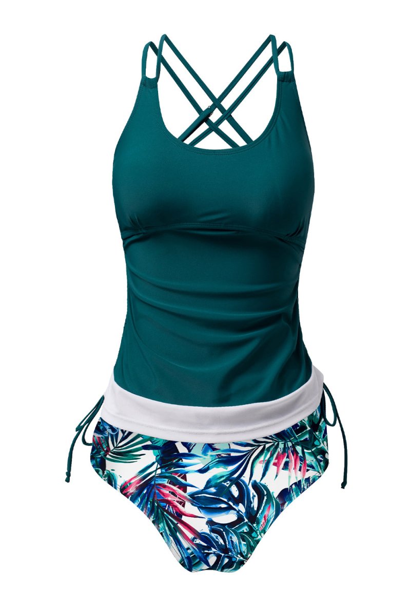 Sea Green Floral Print Drawstring Tankini Set with Tummy Control - Love Salve